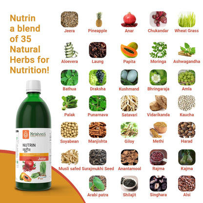 Bottle of Krishna's Herbal & Ayurveda Nutrin Juice, an Ayurvedic drink with herbal ingredients, shown in a clear glass with a vibrant label.