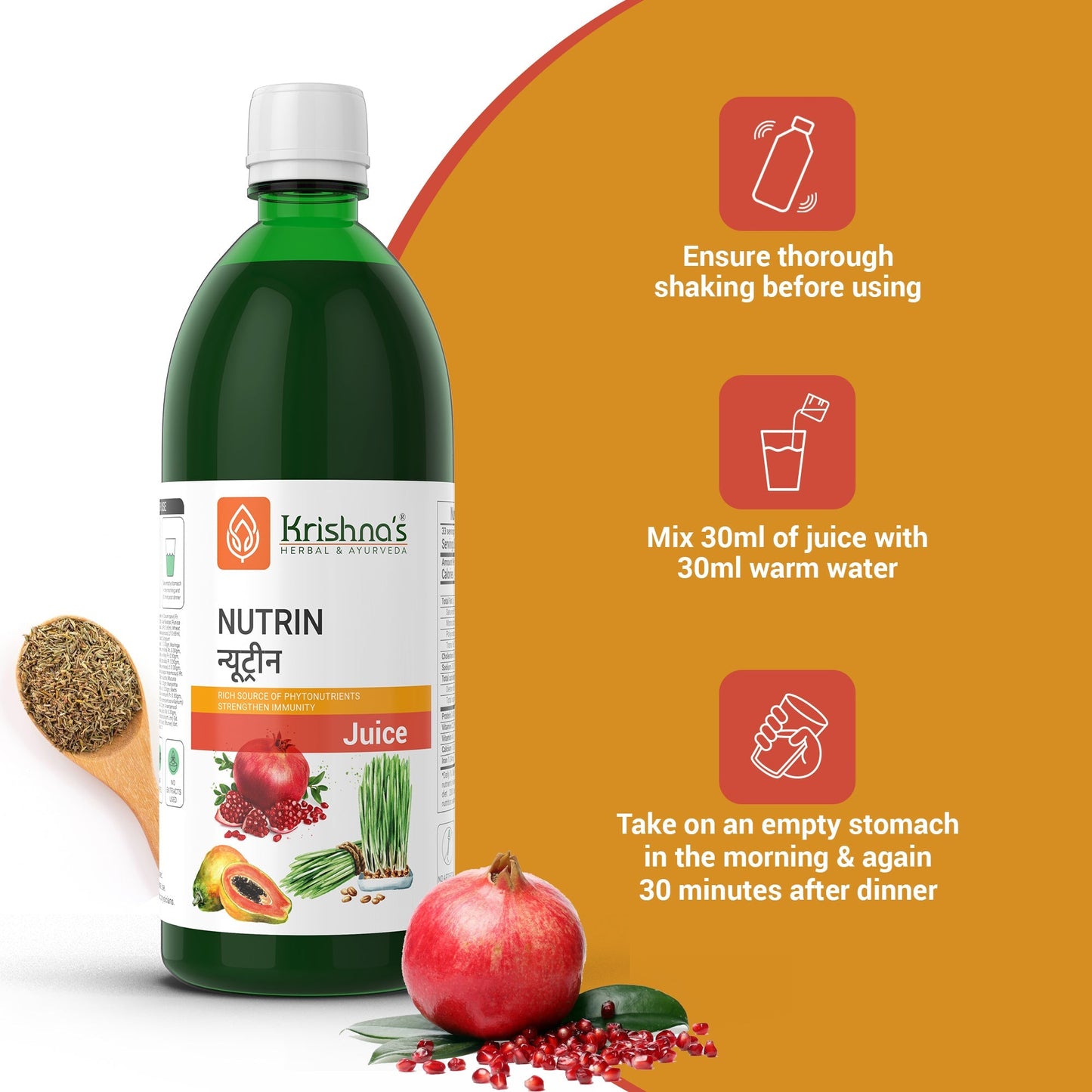 Bottle of Krishna's Herbal & Ayurveda Nutrin Juice, an Ayurvedic herbal drink with fresh ingredients and vibrant packaging.