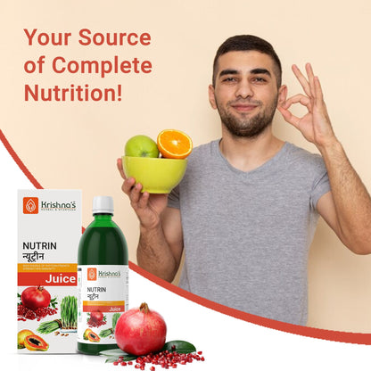 Bottle of Krishna's Herbal & Ayurveda Nutrin Juice, a natural Ayurvedic drink with herbal ingredients, displayed on a wooden surface.