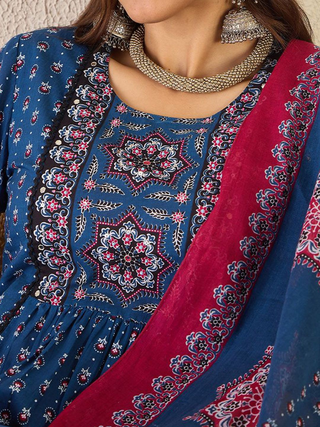 Indyancart IE Ethnic Motifs Printed Round Neck A line Pure Cotton Kurta with Trousers & Dupatta