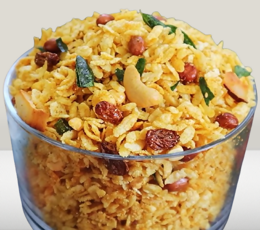 Godavari Vantillu North Indian Poha Chivda mixture, crispy snack with flattened rice and spices, in a colorful serving bowl.