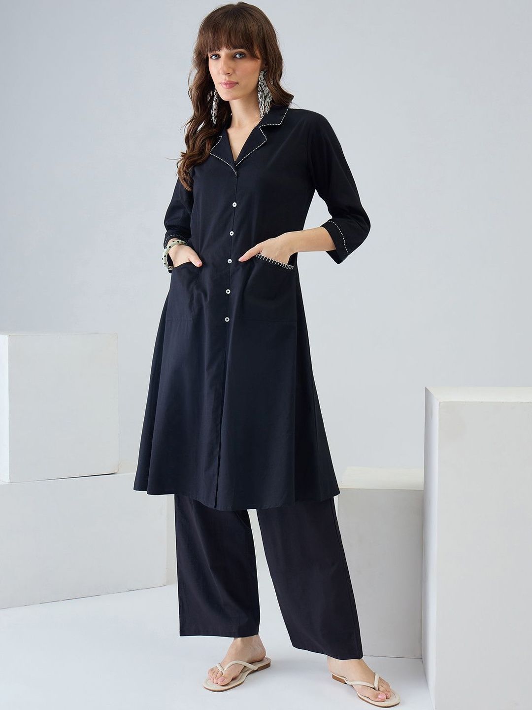 Women Regular Thread Work Pure Cotton Kurta with Trousers