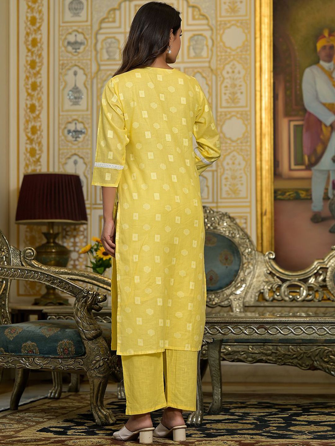 Indyancart VA Women's V Neck Gathered Flared Cotton Kurta with Trouser & Embroidered Dupatta