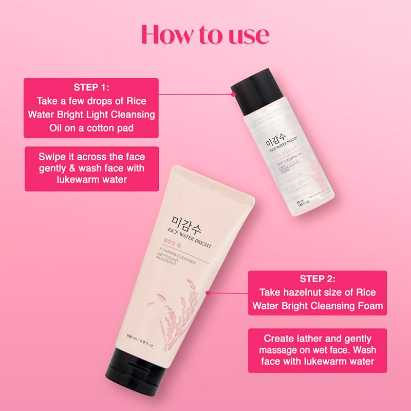 The Face Shop Rice Water Bright Kit featuring a face wash and skincare products in white packaging with rice water ingredients.