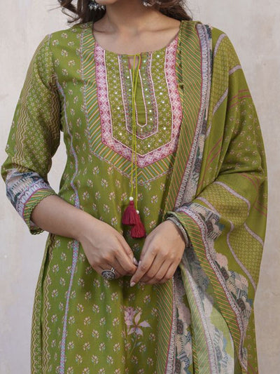 Indyancart SN Women's Floral Printed Keyhole Neck Muslin Straight Kurta With Trouser & Dupatta