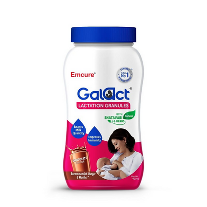 Ayurvedic Galact Granules Lactation supplement by Emcure Pharma, chocolate-flavored granules with Shatavari for nursing support.