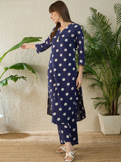 Indyancart IE Printed V-Neck Three-Quarter Sleeves Pure Cotton Tunic And Trousers