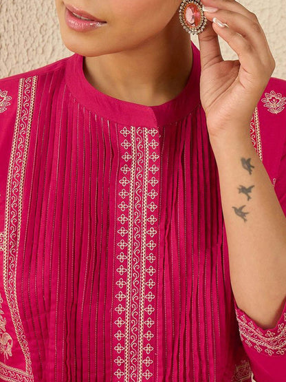 Dhiyona IE Embroidered Pure Cotton Mandarin Collar Neck Top With Trousers Co-Ords