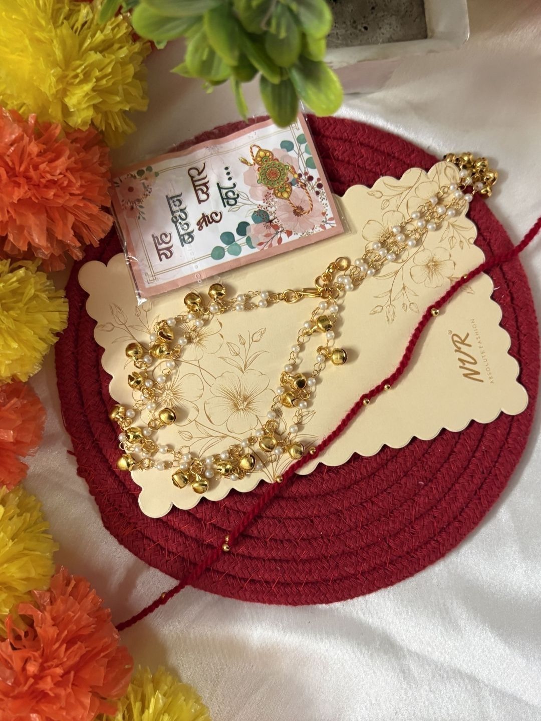 Anouk Set Of 2 Pearls Gold Toned Bhaiya Bhabhi Rakhi With Roli Chawal Chandan Mishri