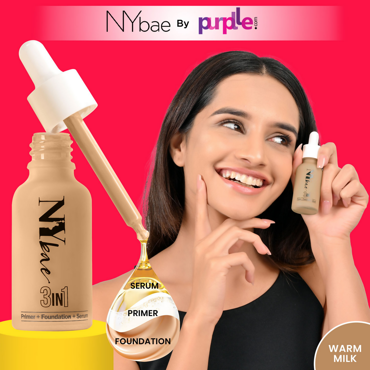 NY Bae 3-in-1 serum foundation with primer in Warm Milk 09, featuring a smooth, natural finish and lightweight texture.