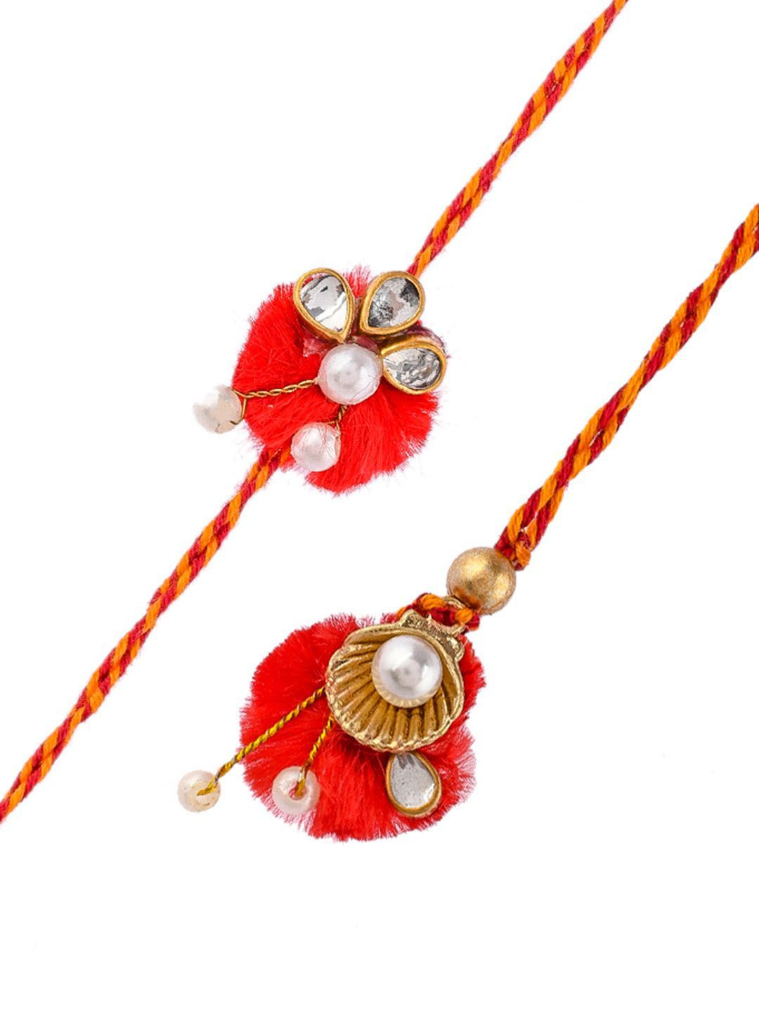 Anouk Red Pearl-Beaded Bhaiya Bhabhi Rakhi With Roli Chawal & Greeting Card