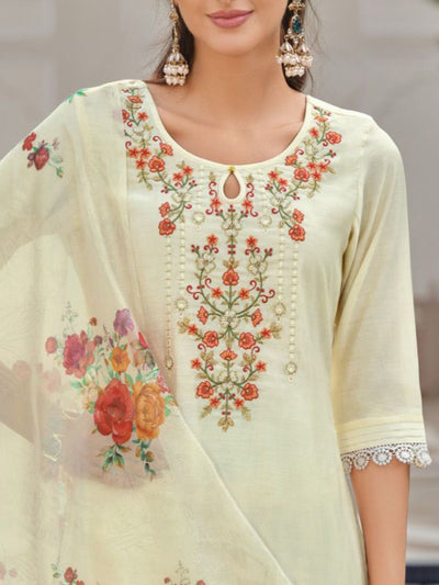 Indyancart VA Women'sFloral Embroidered Key Hole Neck Kurta With Salwar & Dupatta