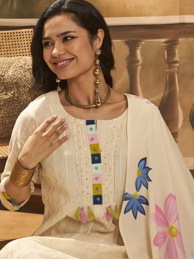 Indyancart SN Women's Floral Embroidered Pure Cotton Straight Kurta With Trousers & Dupatta