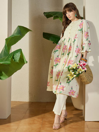 Women Floral Printed Pleated Pure Cotton Kurta with Trousers