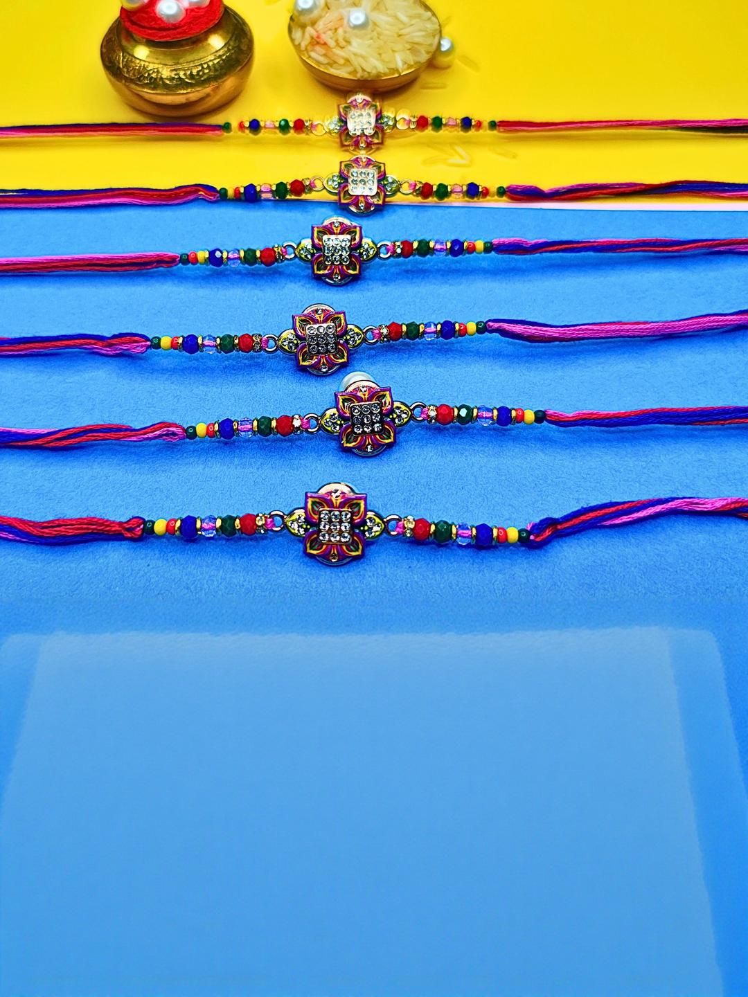 Anouk Set Of 6 Beaded Cotton Thread with AD Stones & Meenakari Designer Rakhi for Brother