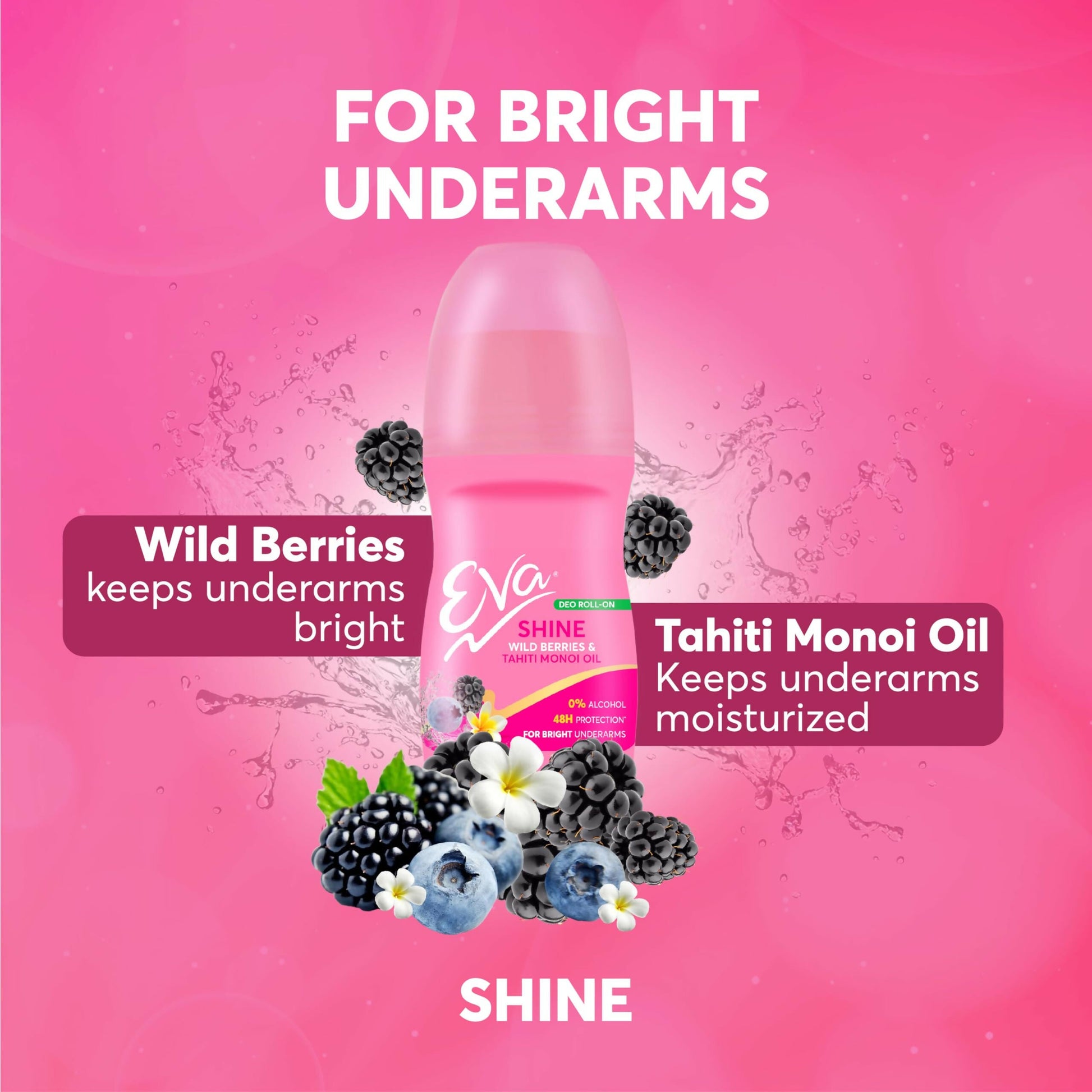 Eva Underarm Roll-On Deodorant for women, alcohol and aluminum free, brightens, freshens, and smooths underarms.