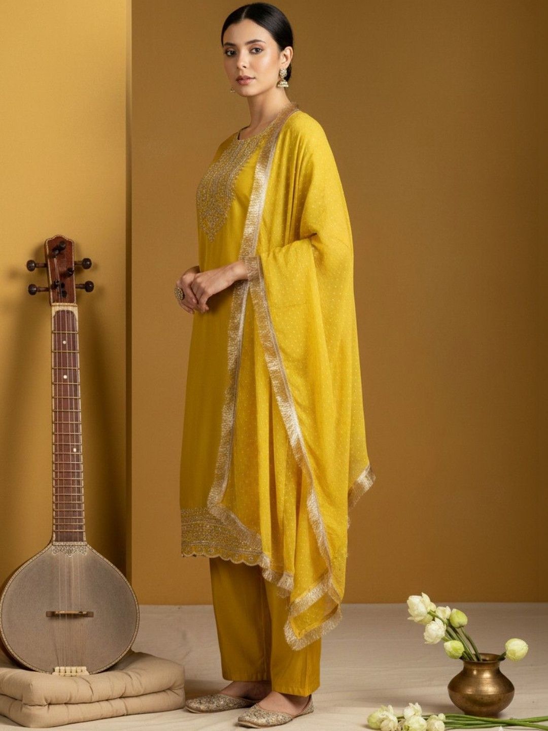 Indyancart VA Women Ethnic Motifs Embroidered Regular Thread Work Kurta with Palazzos & With Dupatta