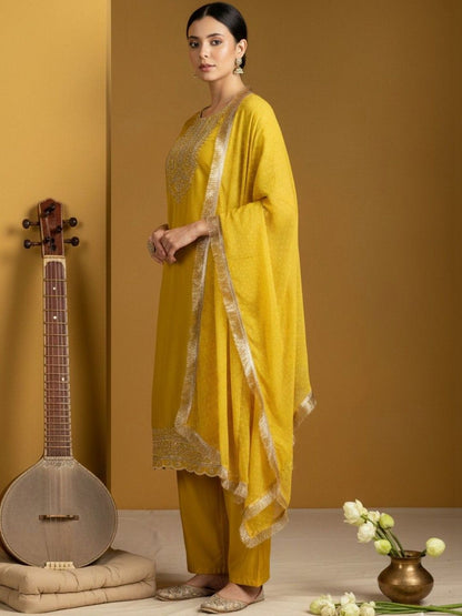 Indyancart VA Women Ethnic Motifs Embroidered Regular Thread Work Kurta with Palazzos & With Dupatta