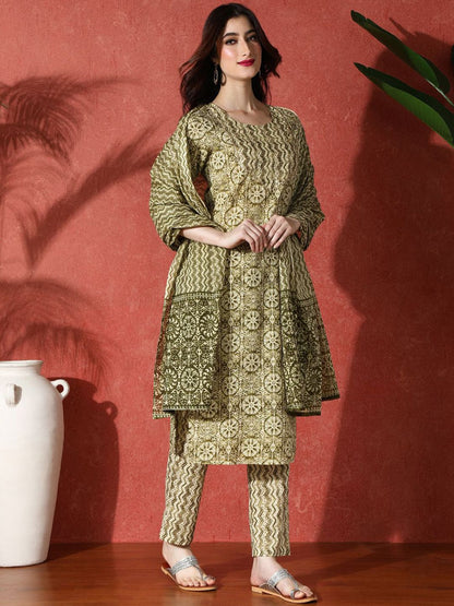Indyancart SN Women's Printed Pure Cotton Kurta & Trouser With Dupatta