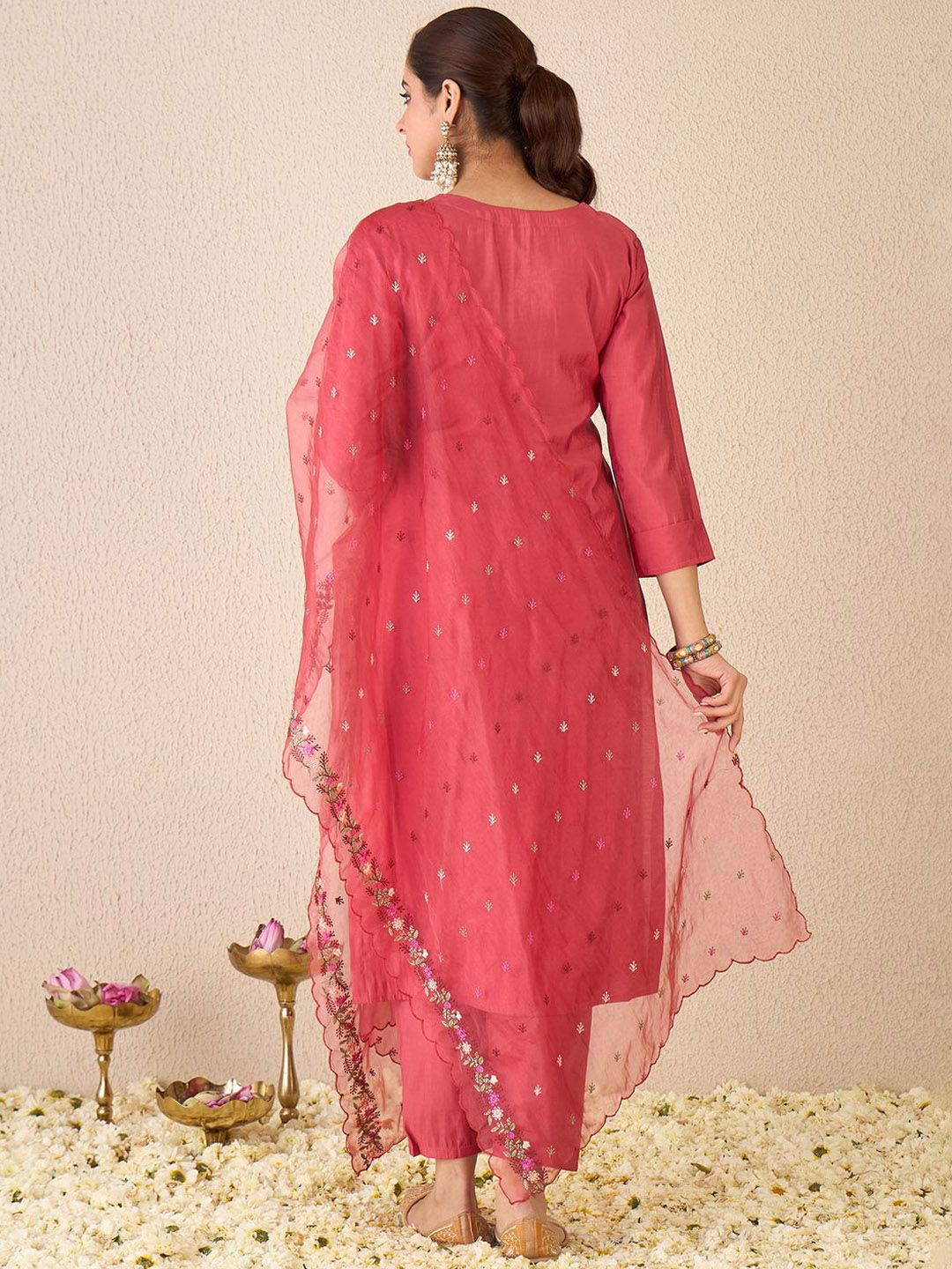 Indyancart IE Floral Embroidered Stone & Beads Work V Neck Kurta With Trousers & Dupatta
