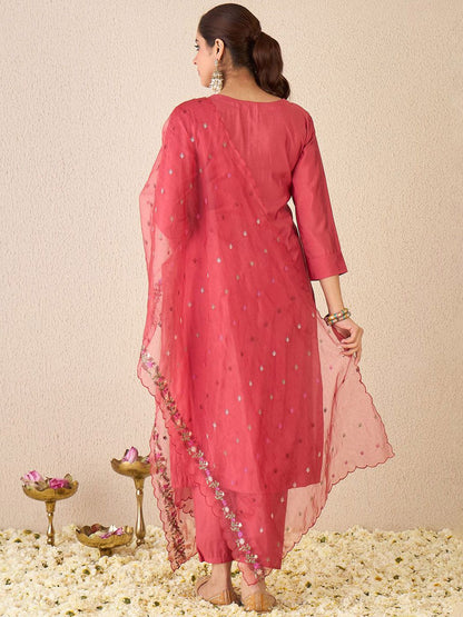 Indyancart IE Floral Embroidered Stone & Beads Work V Neck Kurta With Trousers & Dupatta