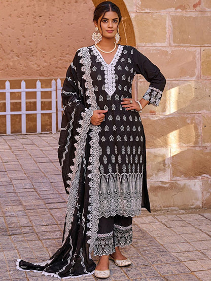 Women Floral Embroidered Regular Pure Cotton Kurta with Trousers & With Dupatta