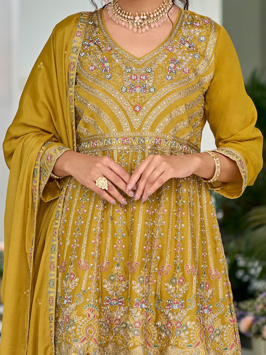 Indyancart IE Ethnic Motifs Embroidered V-Neck Sequinned Anarkali Kurti with Palazzos & Dupatta