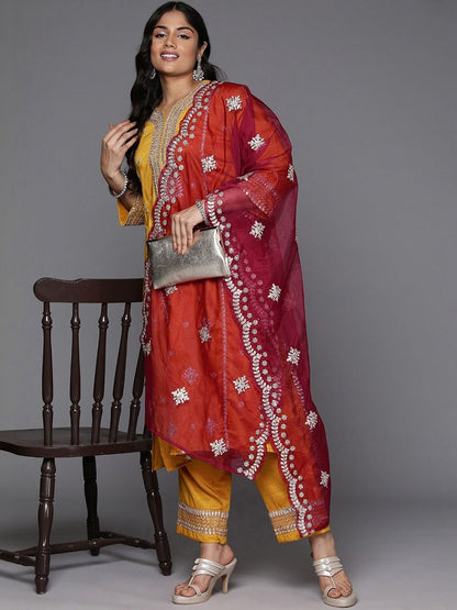 Indyancart Women's Ethnic Motifs Embroidered Regular Kurta with Trousers & With Dupatta