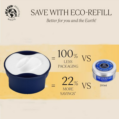 L'Occitane Ultra Rich Body Cream refill jar showing the creamy texture and packaging for nourishing skin care.