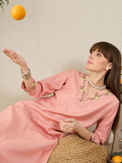 Women Floral Embroidered V-NeckThread Work Kurta with Trousers