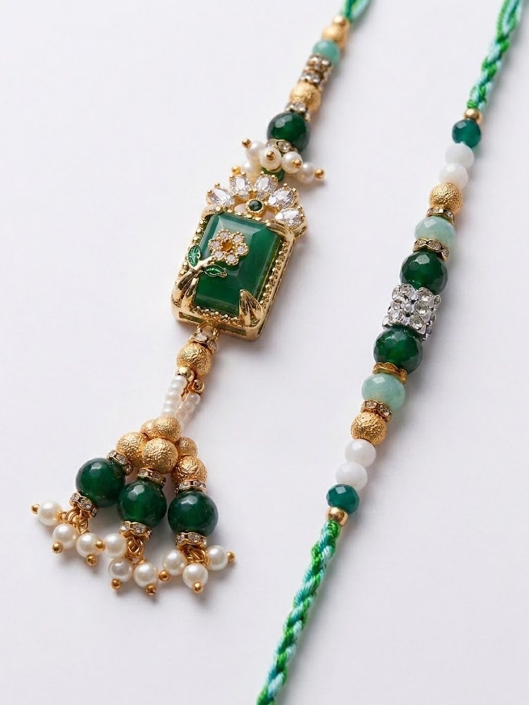 Anouk Set Of 2 Green Artificial Beads Traditional Bhaiya Bhabhi Rakhi With Roli Chawal