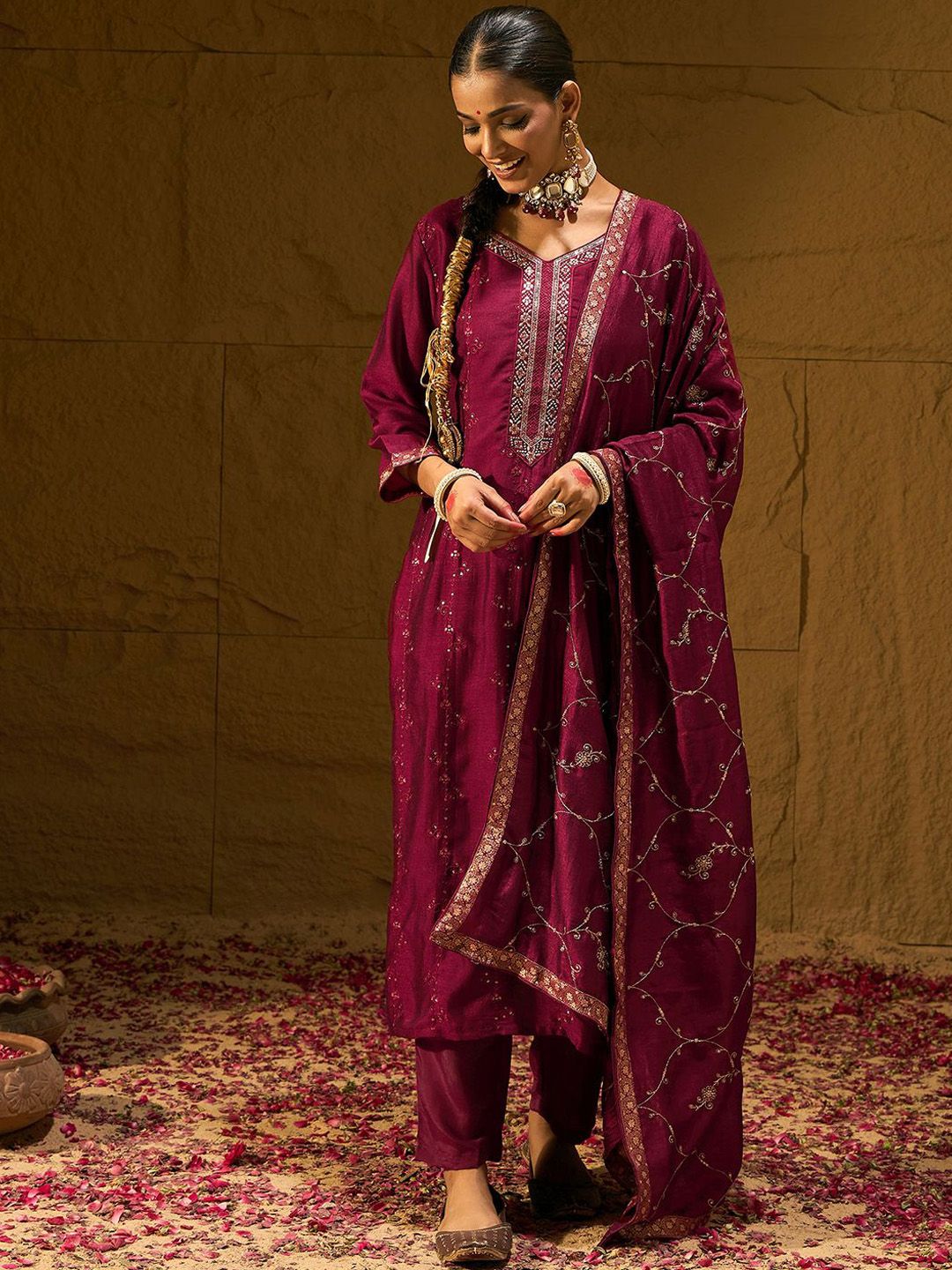 Indyancart IE Maroon Floral Embroidered V-Neck Straight Kurta with Trousers & Dupatta