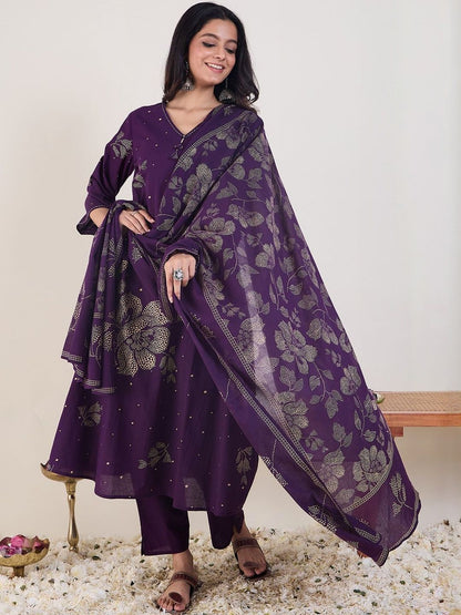 Ethnic Motifs Printed V-Neck Pure Cotton Anarkali Kurta With Trousers & Dupatta