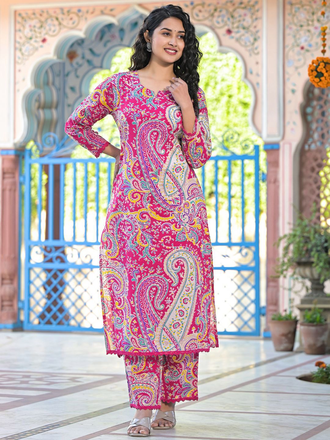 Paisley Printed Pure Cotton Straight Kurta With Trousers