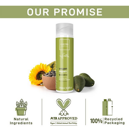Cadiveu Vegan Repair Shampoo bottle with sleek design, showcasing natural ingredients for damaged hair repair.