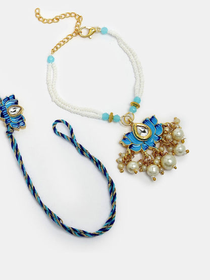 Anouk Unisex Set Of 2 Blue Lotus Shape Kundan-Studded & Beaded Wraparound Rakhi Set