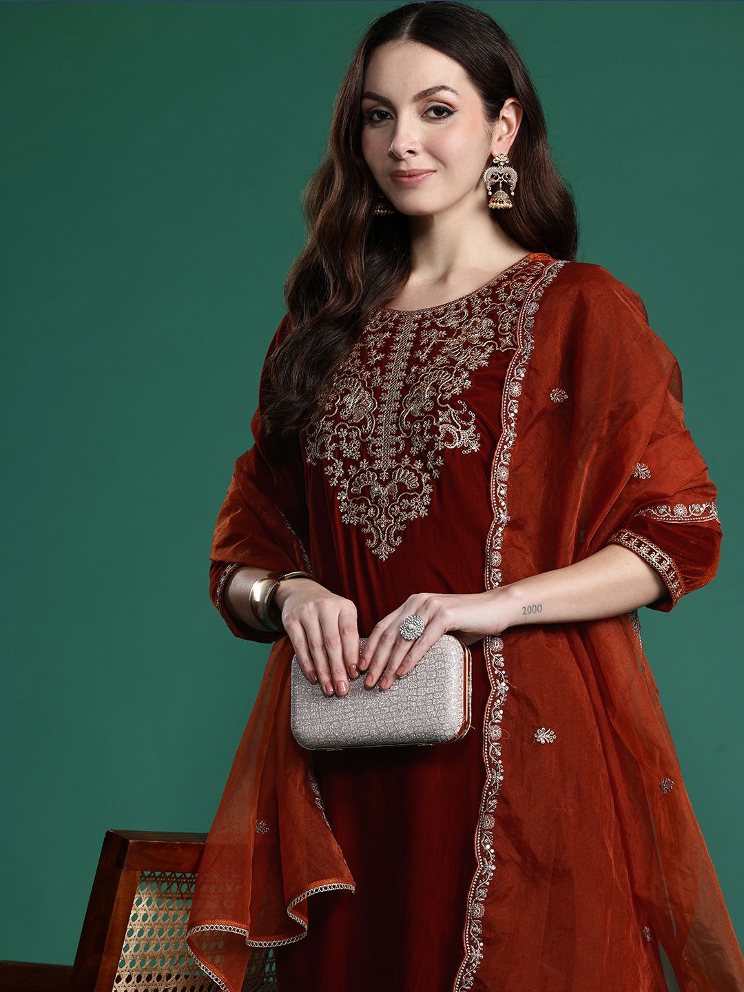 Indyancart IE Floral Embroidered Velvet Kurta with Trousers & With Dupatta