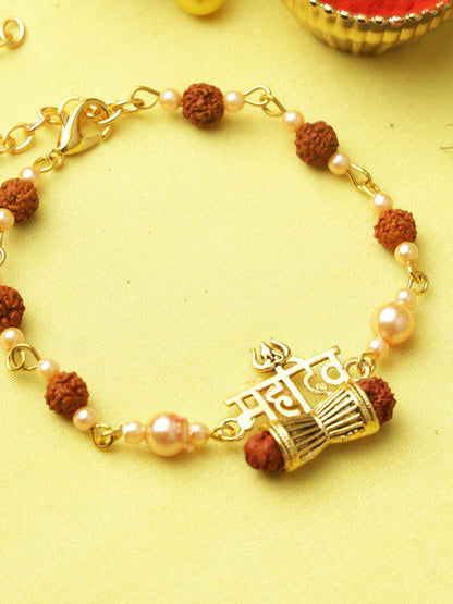 Anouk Brown Rudraksh & Pearl Beaded Bracelet Rakhi With Roli Chawal With Greeting Card