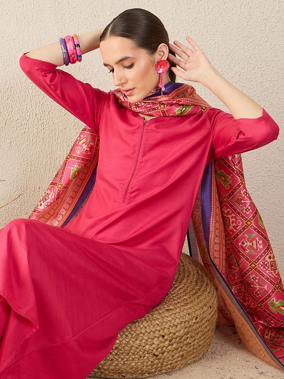 Notch Neck A-Line Kurta With Trousers & Dupatta Set