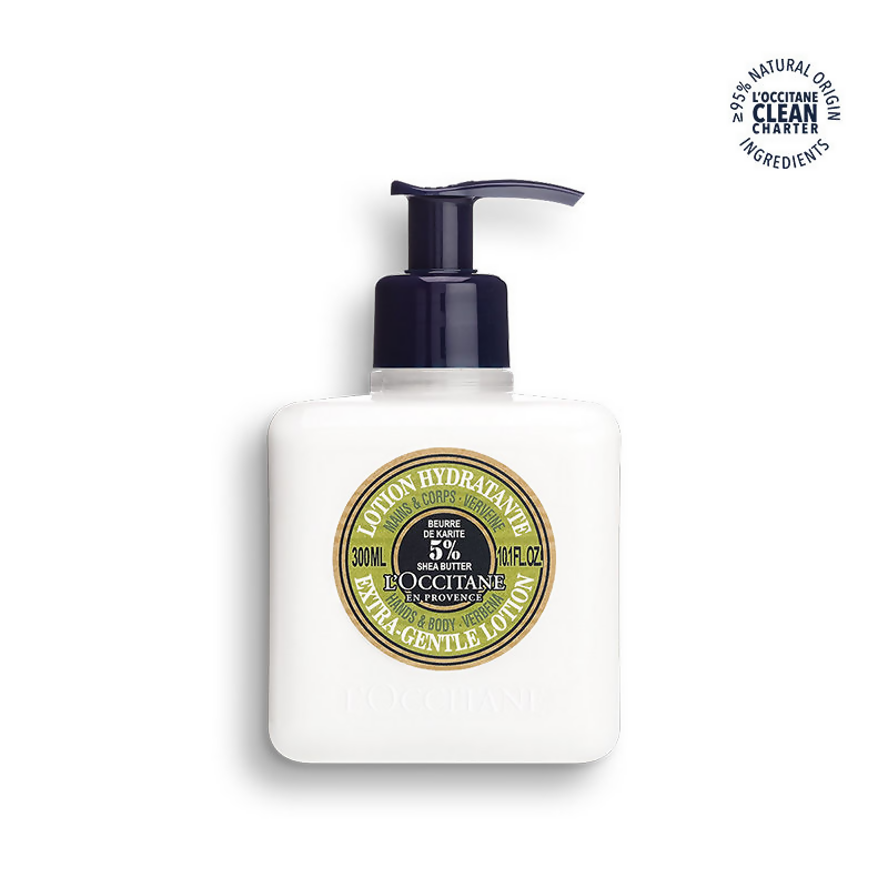 L'Occitane Shea Butter Verbena Body Lotion for dry to very dry skin, featuring a sleek bottle with lush green and white design.