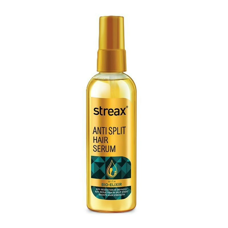Streax Professional Anti-Split Hair Serum with Bio-Elixir in a sleek bottle, designed to reduce hair split ends and add shine.