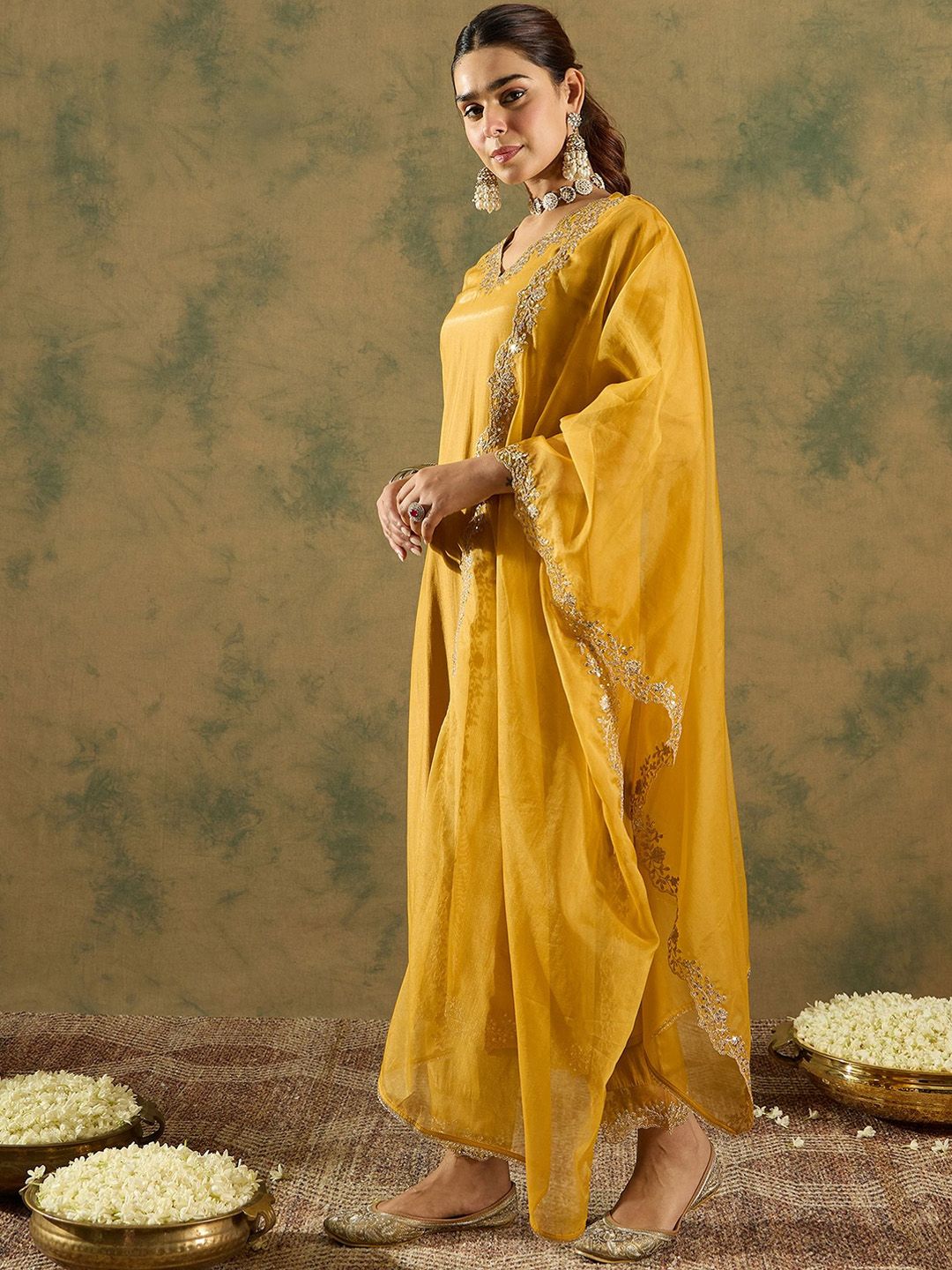Floral Embroidered Kurta With Trousers & Dupatta