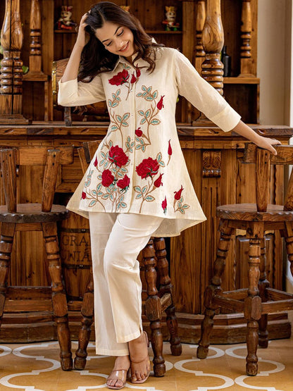 Indyancart IE Floral Embroidered Thread Work Pure Cotton Shirt with Trousers