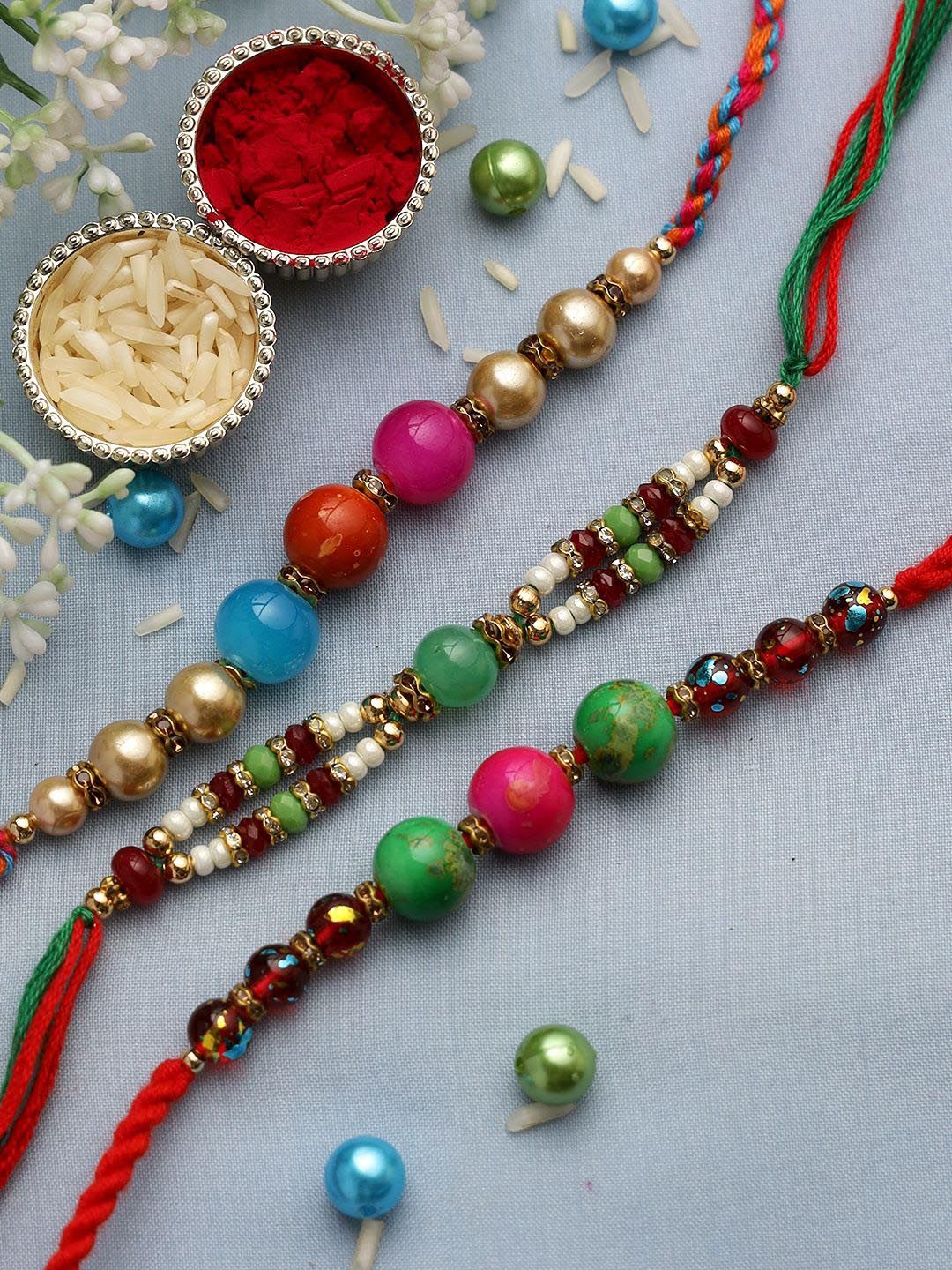 Anouk Red Set Of 3 Stone Studded & Beaded Thread Rakhi With Roli Chawal & Greeting Card