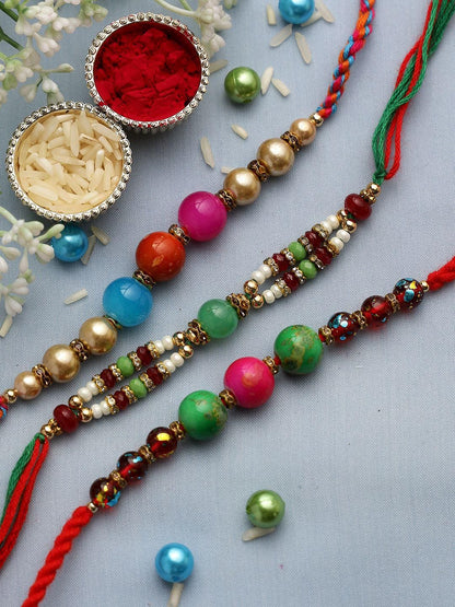 Anouk Red Set Of 3 Stone Studded & Beaded Thread Rakhi With Roli Chawal & Greeting Card