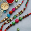 Dhiyona Red Set Of 3 Stone Studded & Beaded Thread Rakhi With Roli Chawal & Greeting Card