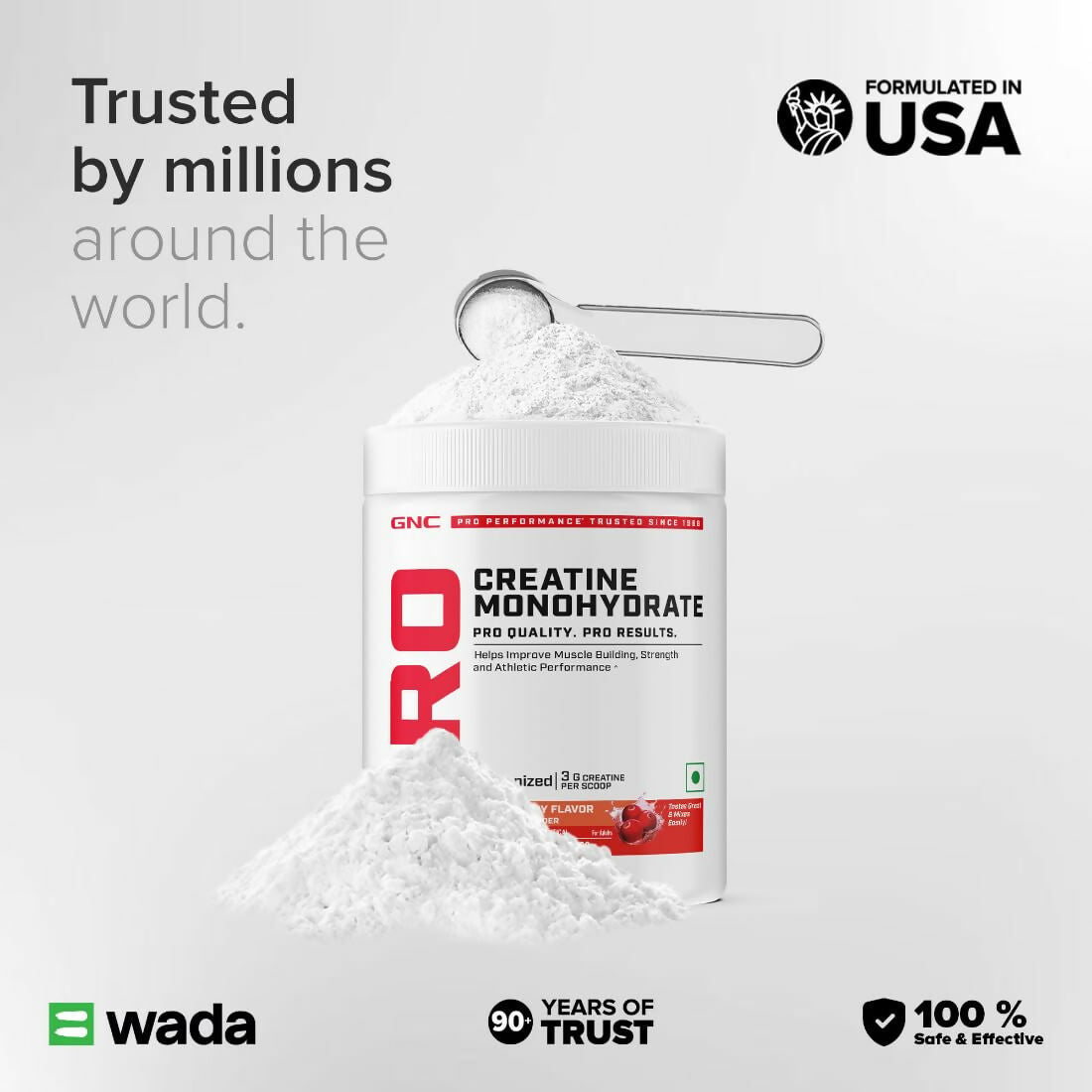 GNC Pro Performance Creatine Monohydrate Cranberry Ayurvedic protein powder container with label showing product details and branding.