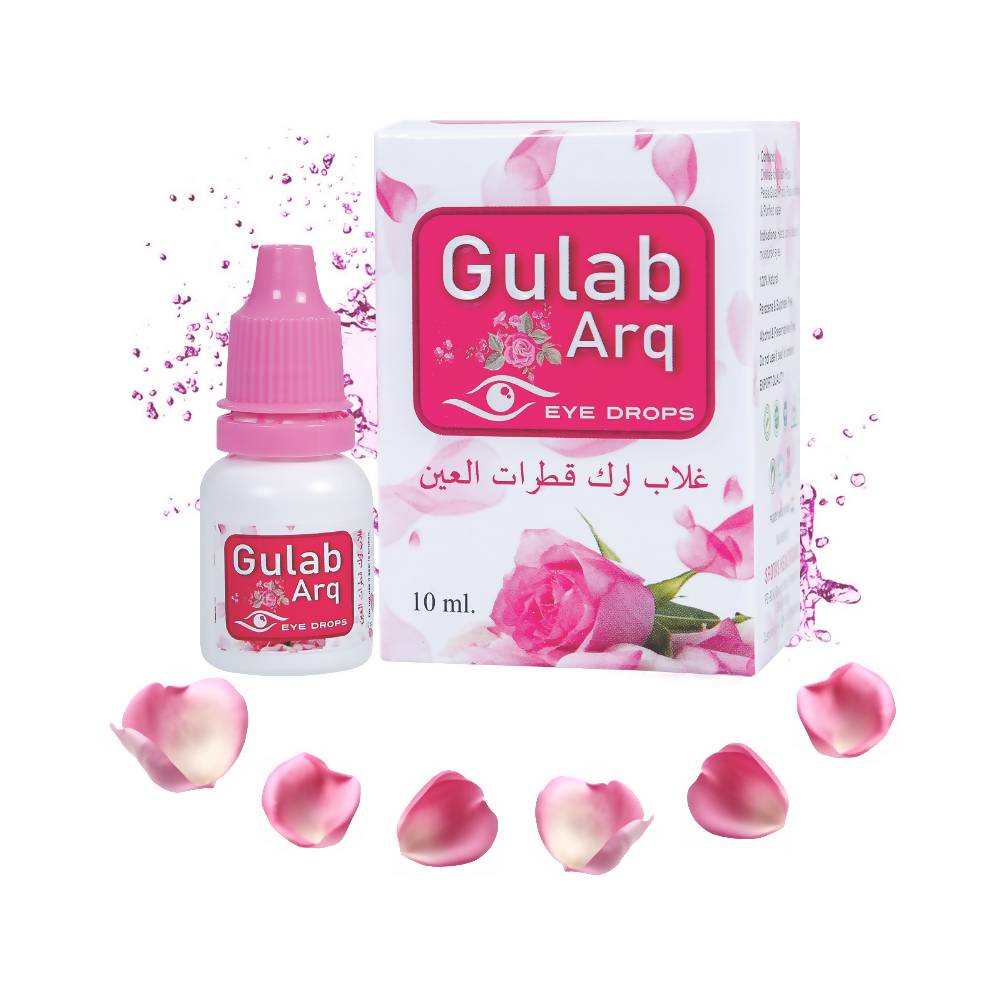 Ayurvedic Satya Pharmaceuticals Gulab-Arq eye drops in a clear bottle, designed for eye wellness and natural healing.