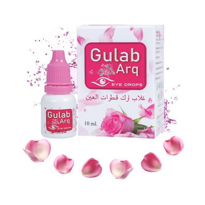 Ayurvedic Satya Pharmaceuticals Gulab-Arq eye drops in a clear bottle, designed for eye wellness and natural healing.