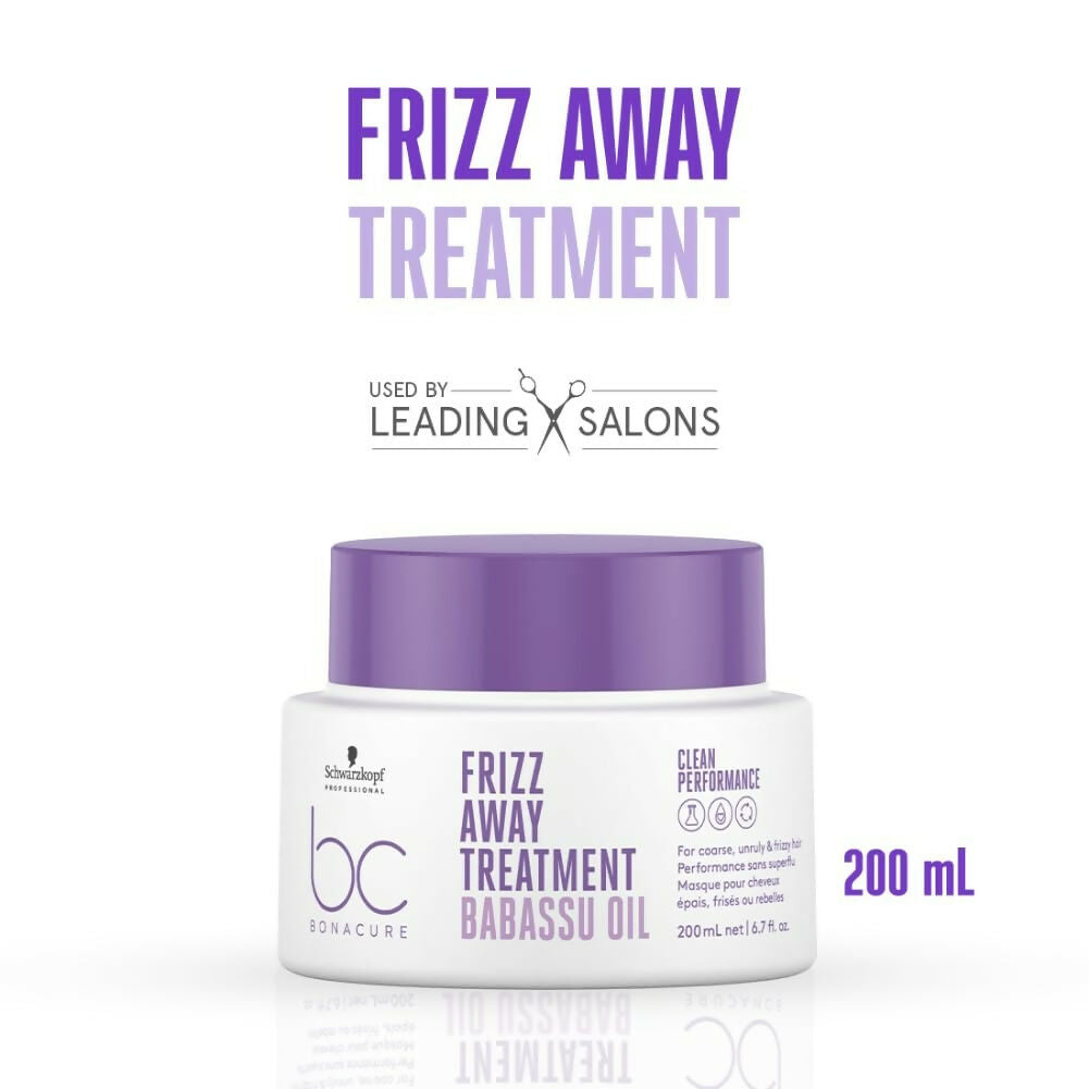 Schwarzkopf Bonacure Frizz Away Treatment with Babassu Oil hair mask in a jar, smooths frizz and nourishes damaged hair.